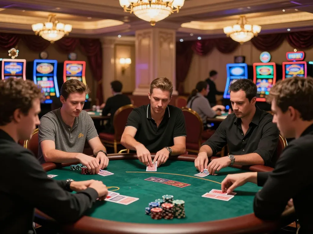 Pemain yang terlibat dalam permainan poker intens di Paris, menampilkan taruhan tinggi dan langkah strategis di kasino mewah.