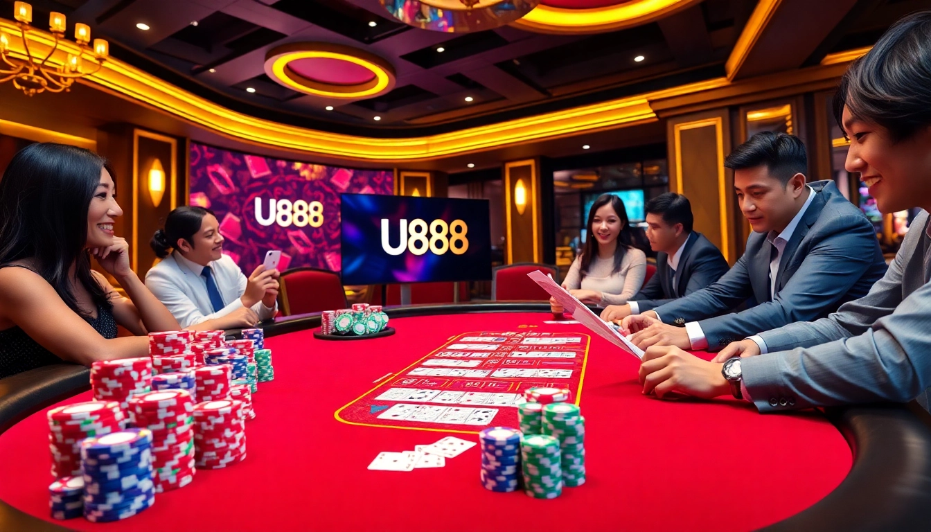 Experience the thrill of gaming at trang chủ u888 with vibrant casino tables, colorful chips, and engaged players.