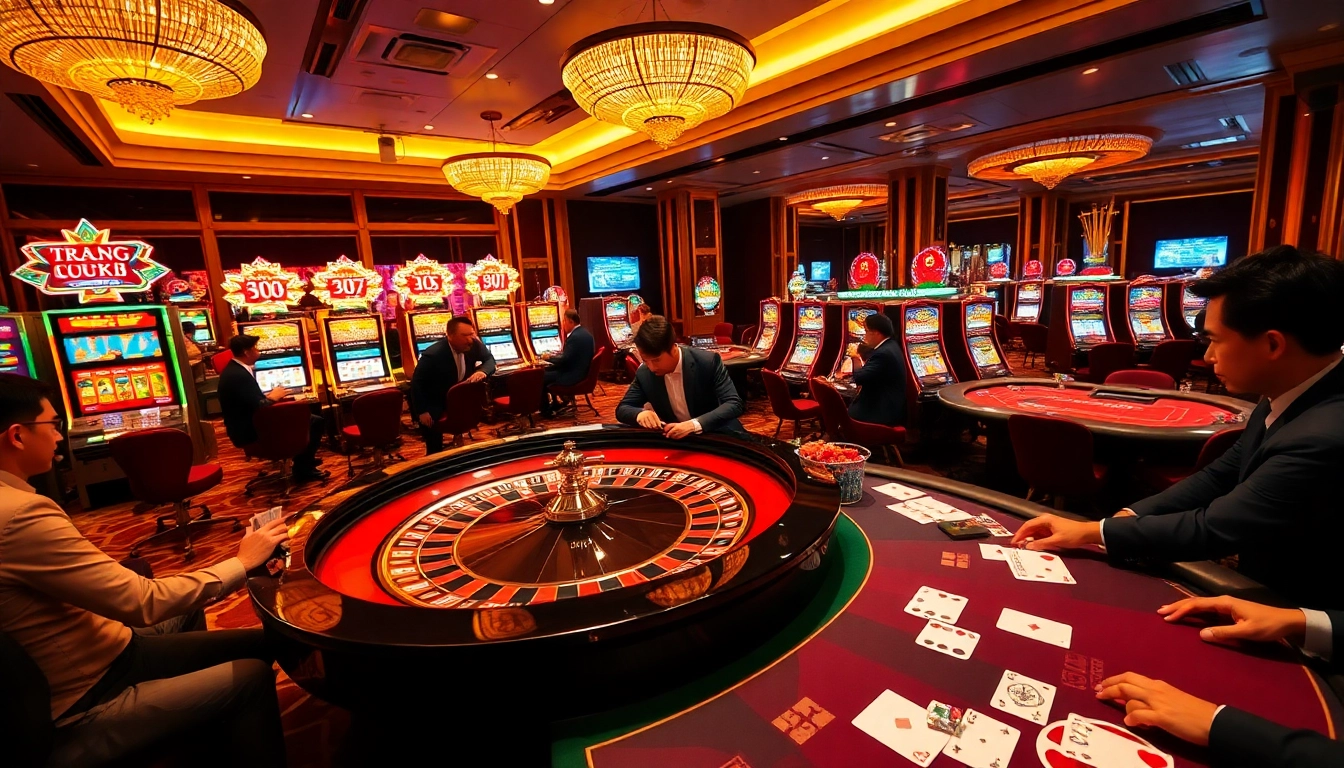 Experience the thrill at TRANG CHỦ LUCK8 with an exciting casino scene featuring roulette, poker, and vibrant slot machines.