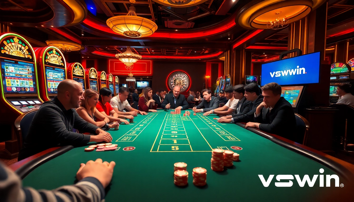 Players at a thrilling blackjack table in a vibrant casino environment at vswin, showcasing excitement and wins.
