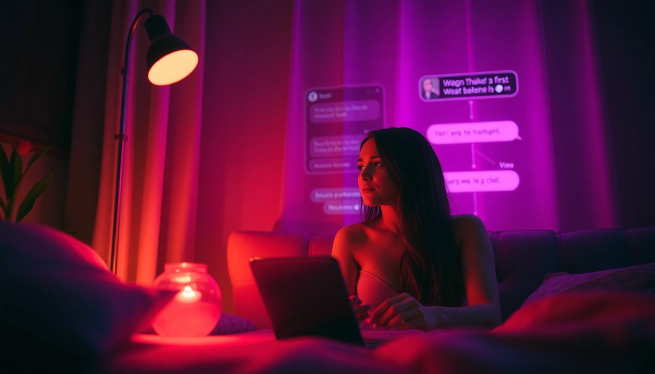 Porn chat ai interaction with a flirtatious AI character on a digital chat interface, showcasing modern communication.